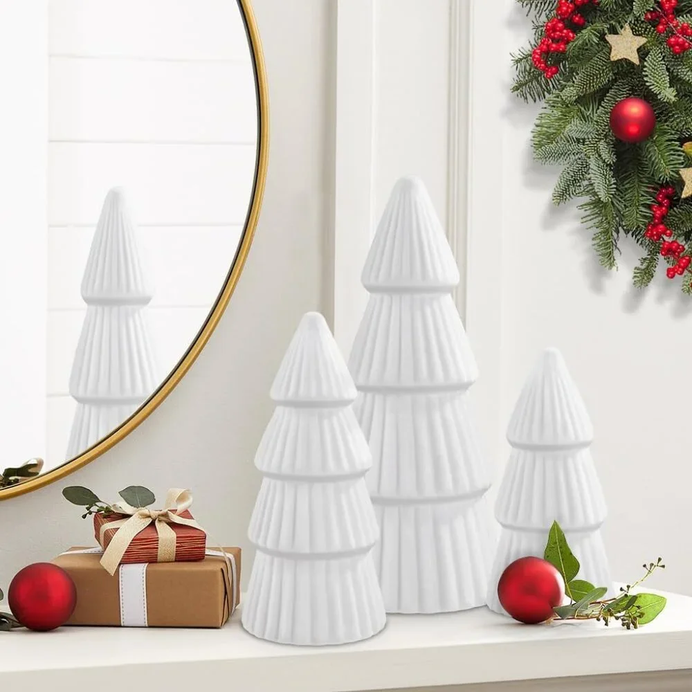 3 Pcs Velvet Ceramic Christmas Trees, Xmas White Modern Velvet Cone Decorations